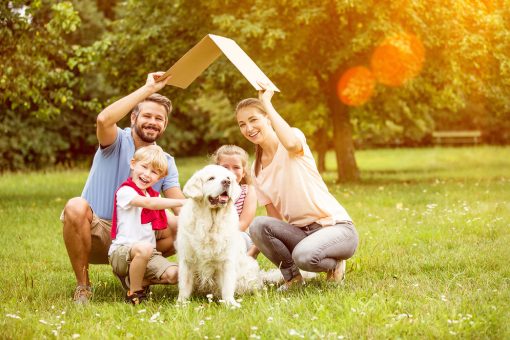 Perro en el jardín con la familia